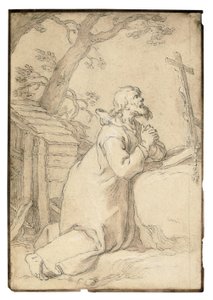 Saint Paul av Phermae kneler i bønn foran et krusifiks (svart kritt, penn og brunt blekk, brun vask) av Abraham Bloemaert