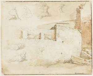 Studier av en murvegg og noen figurer sett bakfra av Abraham Bloemaert