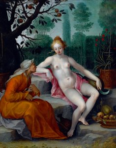 Vertumnus og Pomona (årsguden forkledd seg som en gammel kvinne for å få inngang til nymfens frukthage) - Maleri av Abraham Bloemaert (1566-1651), olje på kobber, rundt 1605 - (Vertumnus og Pomona, av Abraham Bloemaert , olje på kobber, c1605) av Abraham Bloemaert