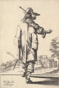 En gentleman, sett bakfra, med høyre arm utstrakt og en kappe over venstre s..., 1629. av Abraham Bosse