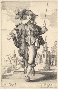 En herre som gikk fremover, med høyre arm utstrakt og en pisk i venstre hånd..., 1629. av Abraham Bosse