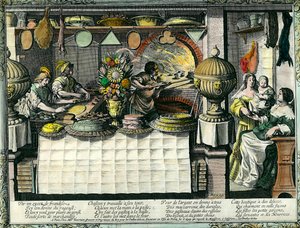 Et konditori på 1600-tallet: bakbutikken der bakere og konditorer lager og lager kaker og brød, og kunder i butikken. Kakeform henger på veggen. Gravering av Abraham Bosse (1602-1676)