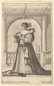 En kvinne som står, vendt mot venstre i profil, iført hatt og blondekrage, leser..., ca. 1629. av Abraham Bosse