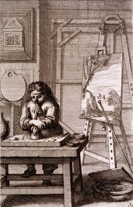 En kunstners lærling som renser en graveringsplate, fra 