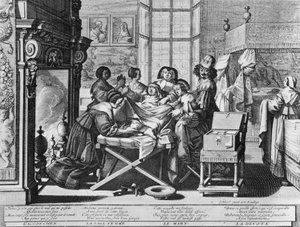 Graveringsserie (water forte) med tittelen "" Ekteskapet med byen""" fra 1633 av Abraham Bosse - "" Childbirth"": på arbeidssengen. av Abraham Bosse