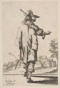 Gentleman sett fra baksiden og peker mot et slott, 1629. av Abraham Bosse