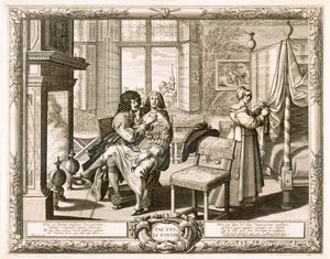 Ektemann med kone sittende på kne ved peisen, Bosse, Abraham (1602-76) av Abraham Bosse