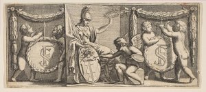 Minerva and the Arms of François Sublet de Noyers Malt av Geniu..., midten til slutten av 1600-tallet. av Abraham Bosse
