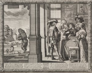 Den fortapte sønn: Den fortapte sønnen sier farvel til sine foreldre. av Abraham Bosse