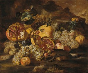 Granatepler og annen frukt i et landskap.
