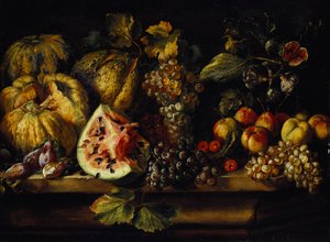 Stilleben av vannmelon, druer, plommer, fersken, kirsebær og annen frukt på en avsats