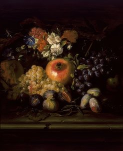 Stilleben med blomster og frukt