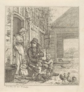 Mann og kvinne med barn ved en døråpning av Abraham Bruinings Worrel