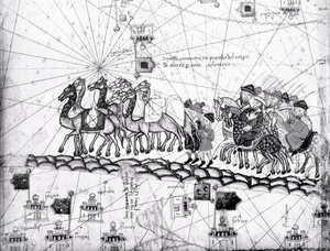 Ms Esp 20 panel 4, Kjøpmenn som reiser til Cathay, Kina, følger i Marco Polos fotspor, detalj som viser familien til Marco Polo som reiser med kamelkaravane, fra Catalan Atlas publisert for Charl av Abraham Cresques