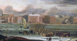 En frostmesse på Themsen ved Temple Stairs, ca. 1684