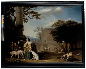 Et skogkledd landskap med jegere og dyrene deres som hviler på et vanningssted av Abraham Danielsz. Hondius