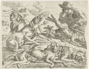 Fire hunder, en jeger og en hare av Abraham Danielsz. Hondius