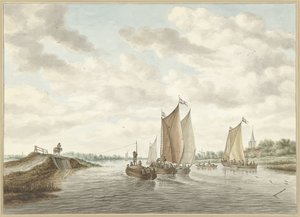 Elvelandskap med ulike lektere av Abraham Delfos
