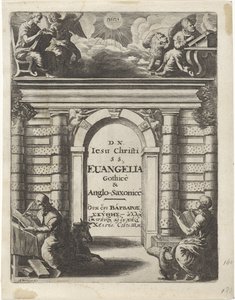 Fire evangelister rundt en port Tittelside for: Junius, Franciscus og Marshall, Thomas. Quatuor D.N. Jesu Christi S.S. Evangelia Gothicè & Anglo-Saxonicè, 1665 av Abraham Dircksz. Santvoort