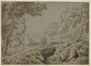 Landskap med satyr, geiter og andre figurer av Abraham Genoels II