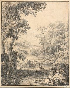 Elvelandskap med to figurer i forgrunnen, slott i det fjerne av Abraham Genoels II