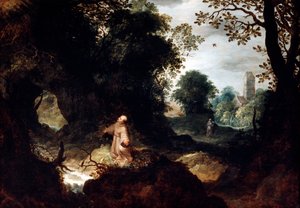 Steinete landskap med Saint Francis, tidlig på 1600-tallet