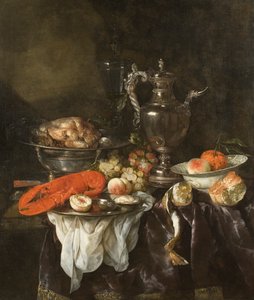 Stilleben med hummer, frukt, sølv og porselen, ca. 1660 (olje på lerret)