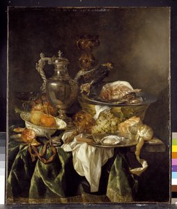 Stilleben med en sølvvinkrukke med et reflektert portrett av kunstneren
