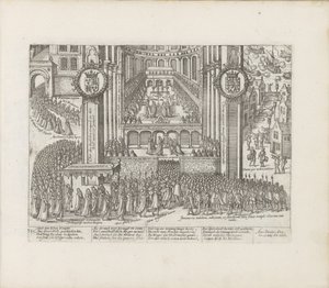 Utsikt over utsiden av Westminster Abbey under kroningen av James I, 1603-1604. av Abraham Hogenberg