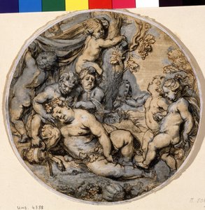""Bacchus endormi"" (Sovende Bacchus) Han er omgitt av putti, satyr Blekktegning av Abraham Jansz van Diepenbeeck (1596-1675) Pushkin-museet fra 1600-tallet, Moskva