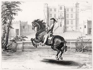 Illustrasjon fra en ridehåndbok, gravert av Peeter Clouwet (1629-70), 1658 av Abraham Jansz. van after Diepenbeeck
