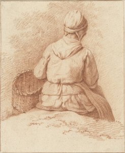 Sittende fiskekvinne med en kurv på armen, sett bakfra av Abraham Johannes Ruytenschildt