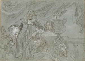 Gruppe av en sittende dame og en stående herre, knelende skikkelser. I bakgrunnen en svart afrikaner og en hund, t.h. en balustrade av Abraham Lambertsz. van den Tempel
