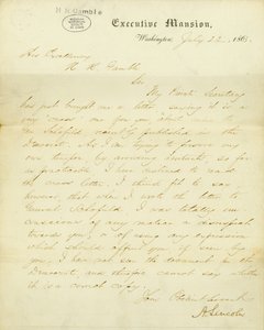 Brev signert A. Lincoln, Executive Mansion, Washington, til Hans Excellency, H.R. Gamble, 23. juli 1863