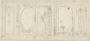 Design for romdekorasjon med fem paneler, den midterste med dekorativ vase av Abraham Meertens