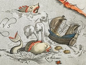 (Detalj). Sjømonstre som angriper et skip. av Abraham Ortelius