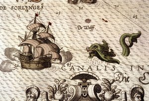 Et marinemonster som angriper en gallion (karavel). Detalj av et kart i "Theatrum Orbis Terrarum" av Abraham Ortelius, Antwerpen 1584 av Abraham Ortelius