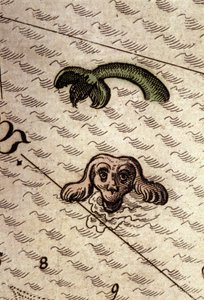Et marinemonster har et hundehode og en fiskekropp. Detalj av et kart i "Theatrum Orbis Terrarum" av Abraham Ortelius, Antwerpen 1584. av Abraham Ortelius