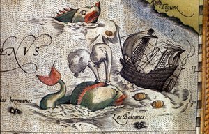 En hval angriper et skip. Tallerken fra en utgave av "Theatrum Orbis Terrarum" av kartografen Abraham Ortelius (1527-1598) av Abraham Ortelius