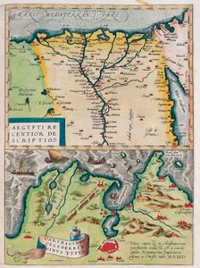 En nyere beskrivelse av Egypt. - Carthage Bay Type Geografikart over Egypt med byene Nilen og Kartago (Tunisia) fra "Theatrum Orbis Terrarum" av Abraham Ortelius (Oertel, Ortell eller Ortel