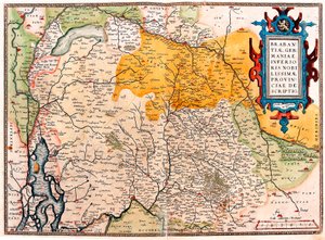 Geografikart over territoriet sør for Nederland germansk (Kempeland) hentet fra "Theatrum Orbis Terrarum" av Abraham Ortelius (Oertel, Ortell eller Ortel av Abraham Ortelius