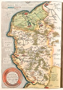 Caletensium et Bononiensium Ditionis Accurata Delineatio Geografisk kart over Boulonnais-territoriet (Comte de Boulogne), Artois og Fransk Flandern (Frankrike) inkludert stedene Calais, Arches, Greuelinge, Etaples og Montreuil... hentet fra «Theatrum Or av Abraham Ortelius