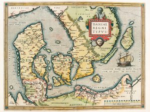 Kongeriket Danmark Type Geografikart over territoriet til Danmark og Sør-Sverige fra "Theatrum Orbis Terrarum" av Abraham Ortelius (Oertel, Ortell eller Ortel av Abraham Ortelius