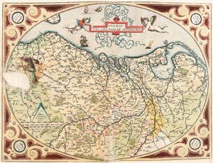 Beskrivelse av Nedre Tyskland Geografikart over territoriet til Nederland germansk fra "Theatrum Orbis Terrarum" av Abraham Ortelius (Oertel, Ortell eller Ortel av Abraham Ortelius