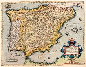 Beskrivelse av Spania. Geografikart fra "Theatrum Orbis Terrarum" av Abraham Ortelius (1527-1598) av Abraham Ortelius