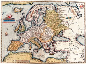 Beskrivelse av det europeiske kontinentet. Geografikart fra "Theatrum Orbis Terrarum" av Abraham Ortelius av Abraham Ortelius