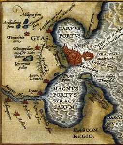 Tidligere havn i Syracuse (Sicilia) - i "" Atlas"" av Abrahm Ortelius av Abraham Ortelius