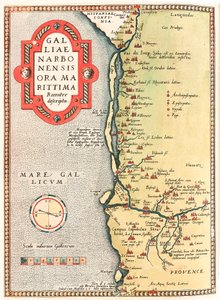 Kart over Narbonne-regionen i Narbonne nylig beskrevet Geografikart over territoriet til Narbonne som strekker seg fra byen Narbonne til Marseille via Beziers, Montpellier, Arles... hentet fra "Theatrum Orbis Terrarum" av Abraham Ortelius (Oertel, Ortell e av Abraham Ortelius