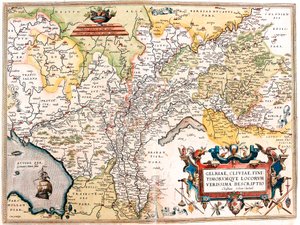 En sann beskrivelse av Gelriae, Cliviae, Nabosteder, av Christian Schrot. Av forfatteren. Geografikart over territoriet til det tyske Nederland fra "Theatrum Orbis Terrarum" av Abraham Ortelius (Oertel, Ortell eller Ortel av Abraham Ortelius