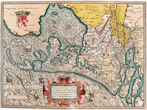 En ny beskrivelse av setet til de gamle kattene i Holland, av Lacobos et daventria Geografikart over territoriet til Nederland med byene Amsterdam og Haarlem... hentet fra "Theatrum Orbis Terrarum" av Abraham Ortelius (Oertel, Ortell eller Orte av Abraham Ortelius